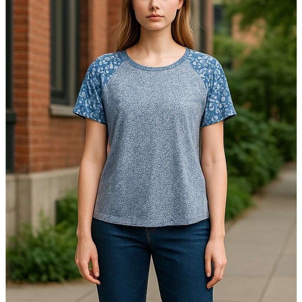 LUCKY BRAND Floral Mixed Tee Blue Boho Cotton Blend Womens Medium